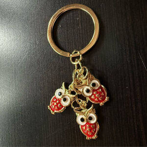 NEW Whimsical Owl trio enamel key chain bag charm red and white enamel on gold